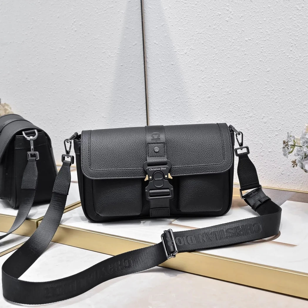 Dior CD-Buckle Messenger Bag Assortment — Black Leather – Front View