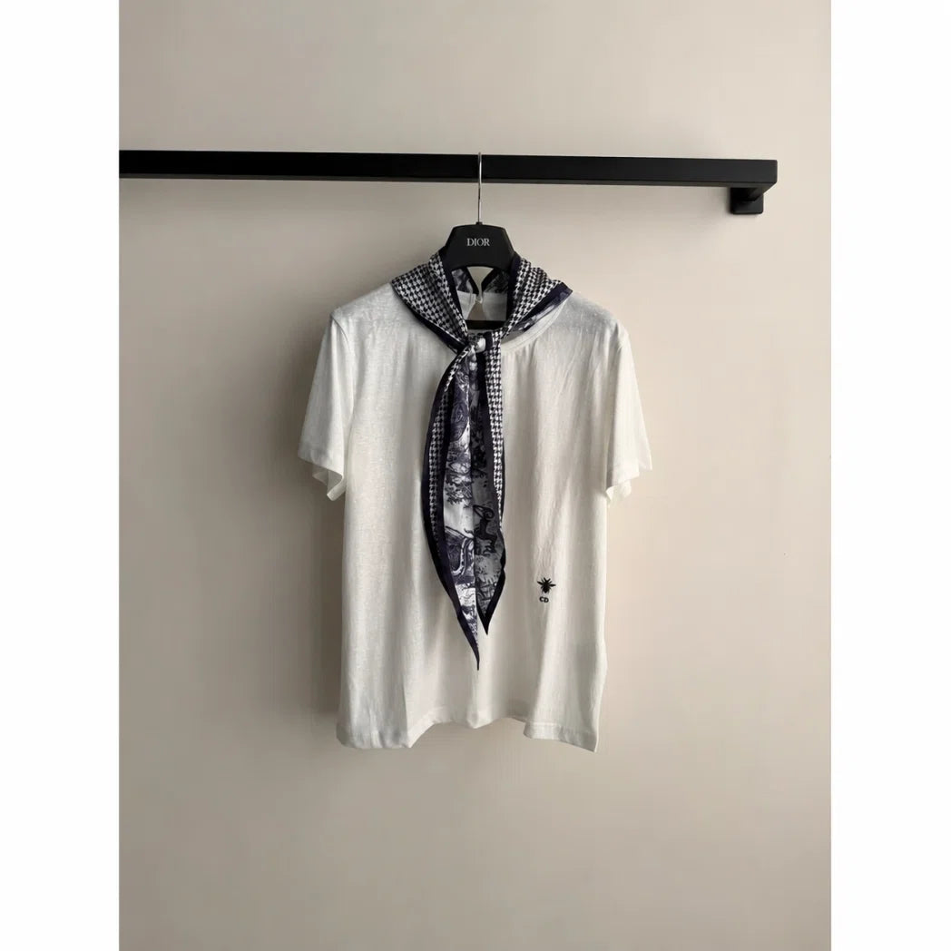 Dior CD Bee T-Shirt with Toile de Jouy Scarf in Ivory / Navy