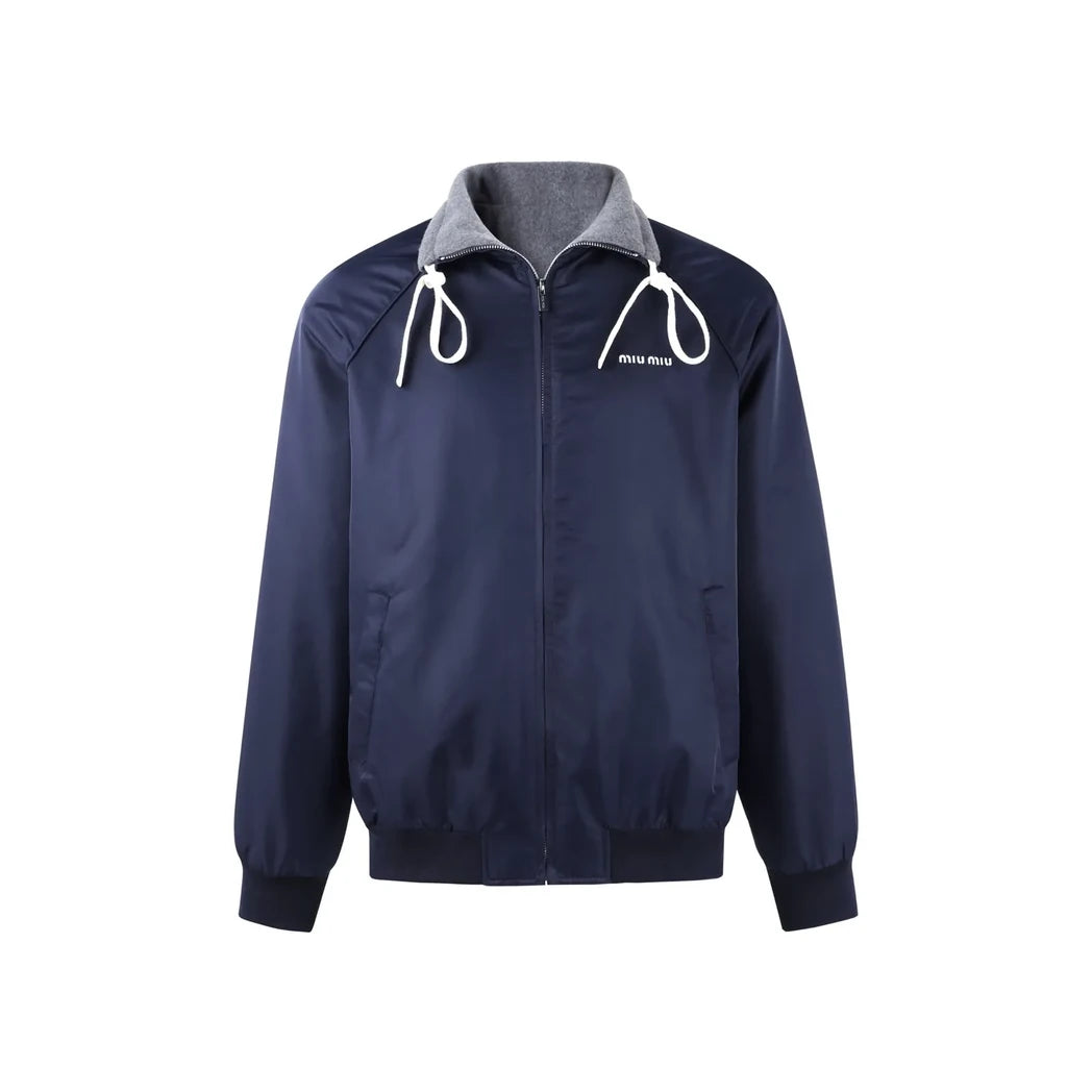 Miu Miu Drawstring-Collar Zip Blouson in Navy / Grey