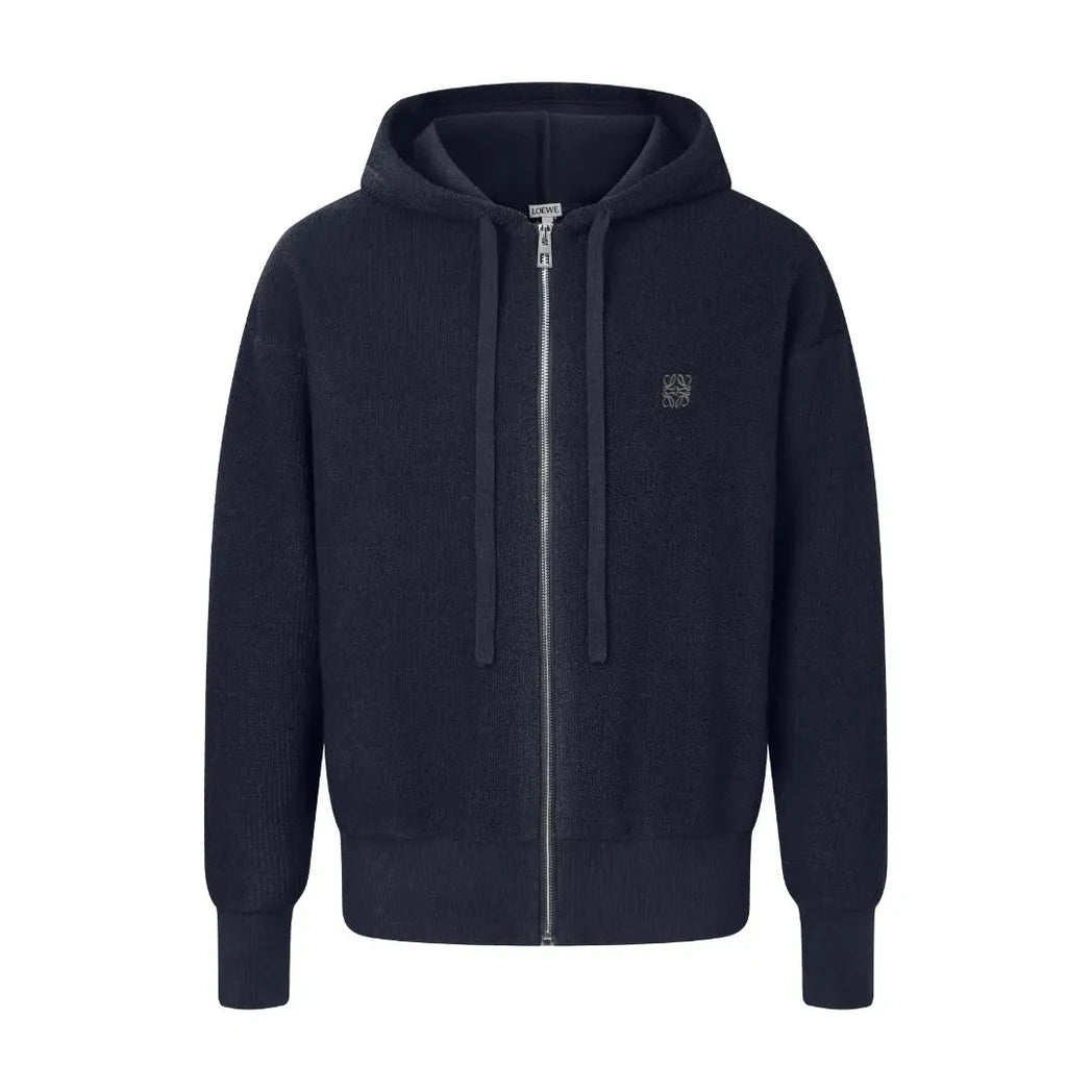 Loewe Anagram Zip-Up Knit Hoodie in Midnight Navy
