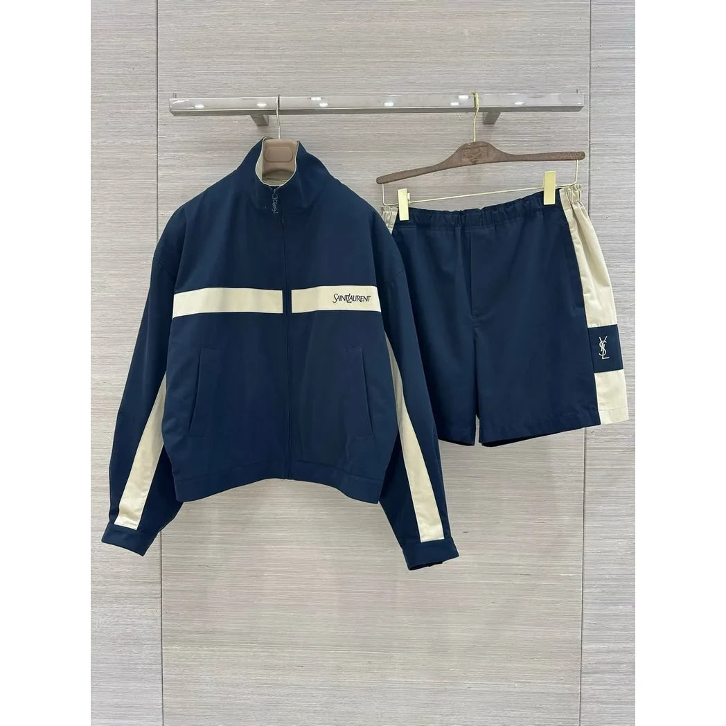 Saint Laurent Colorblock Track Jacket & Shorts Set in Navy / Ivory