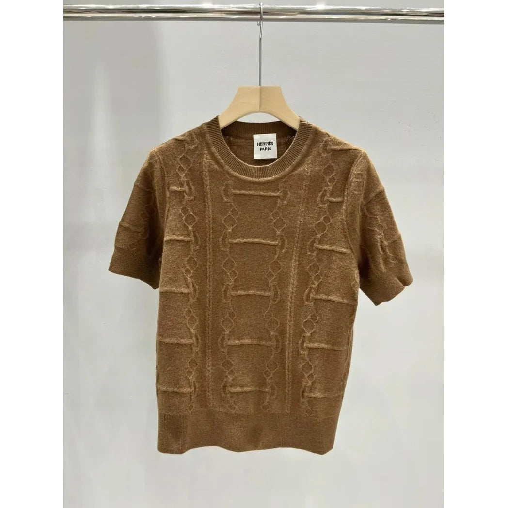 Hermès H Pattern Short-Sleeve Knit Sweater in Mocha Brown