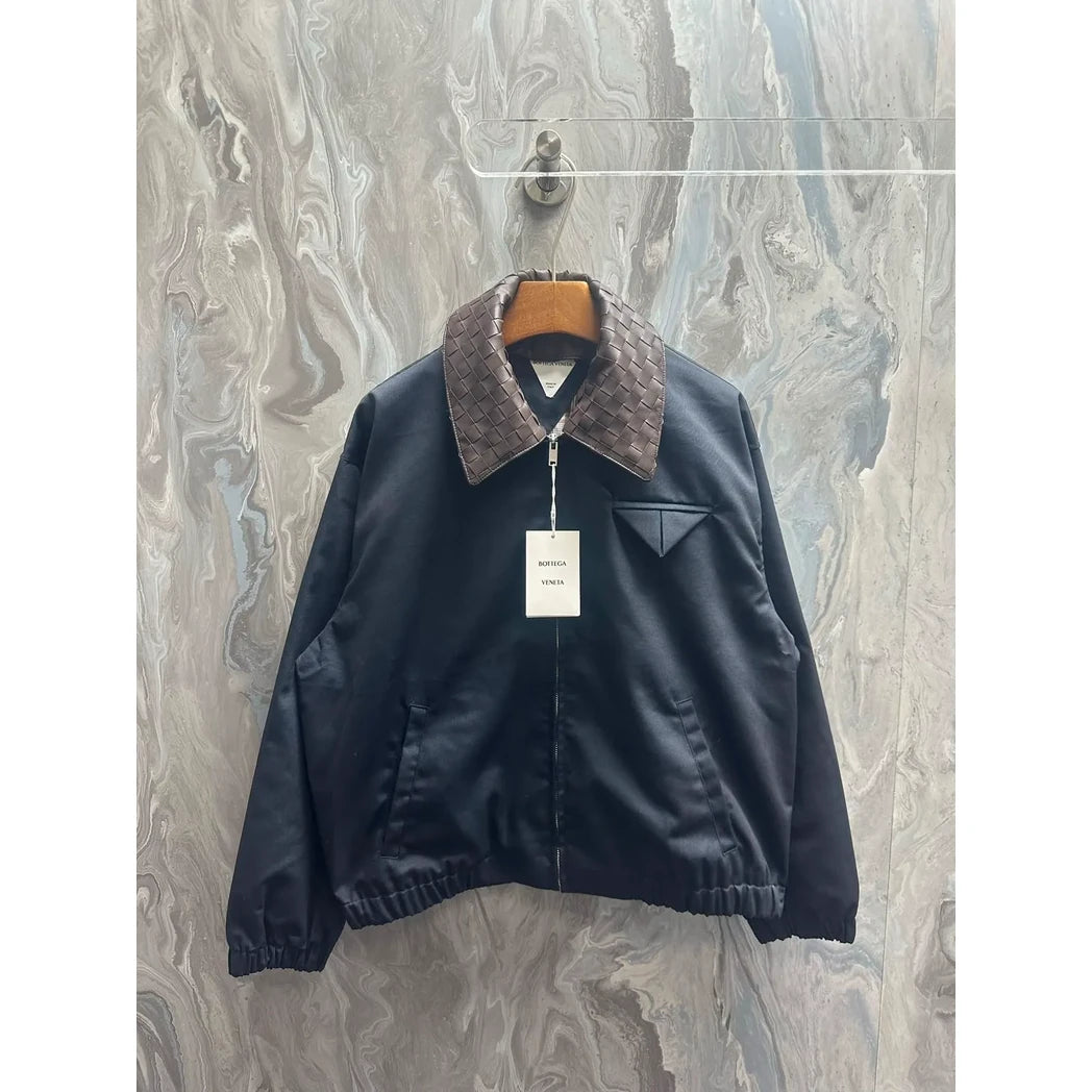 Bottega Veneta Intrecciato Collar Zip Jacket in Midnight Navy / Dark Brown