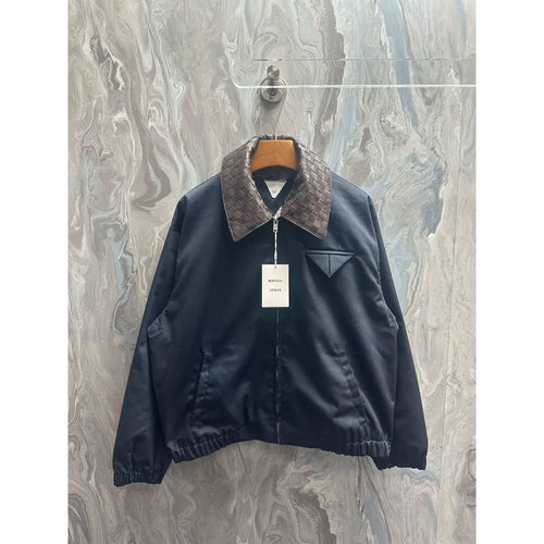 Bottega Veneta Intrecciato Collar Zip Jacket in Midnight Navy / Dark Brown
