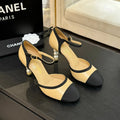 Chanel Pearl-Heel D'Orsay Ankle-Strap Pumps — Beige / Black