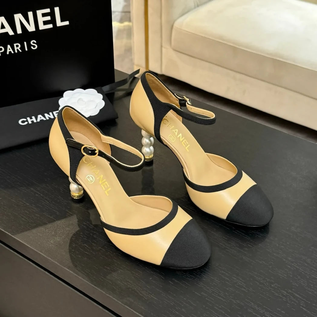 Chanel Pearl-Heel D'Orsay Ankle-Strap Pumps — Beige / Black