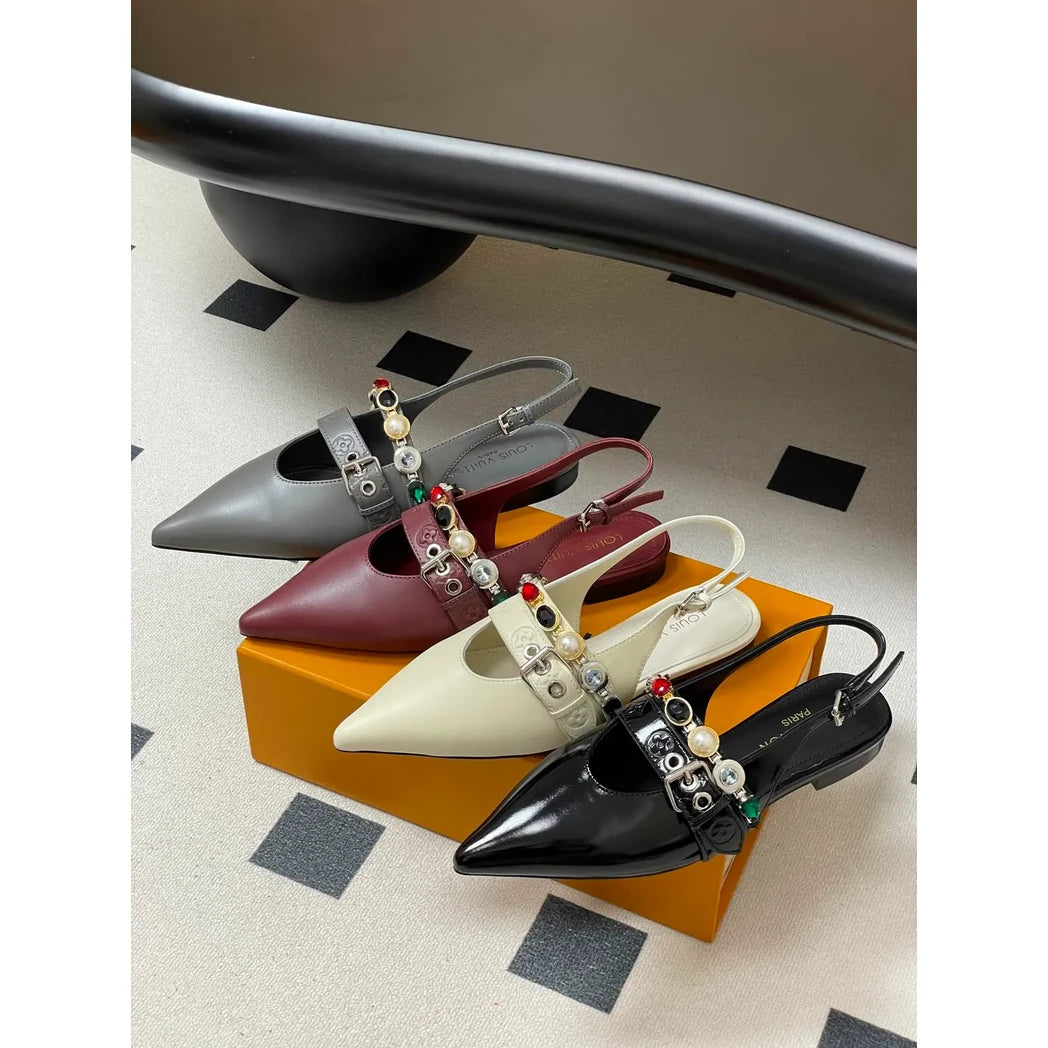 Louis Vuitton Jeweled-Strap Pointed-Toe Slingback Flats — Black