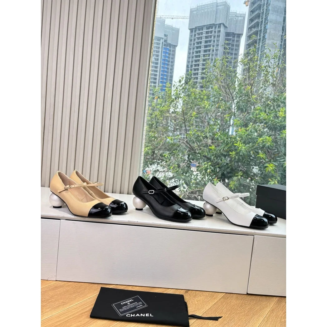 Chanel Cap-Toe Pearl-Heel Mary Jane Pumps — Beige / Black – Gold Buckle