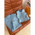 Bee-Embroidered Denim Vest and Wide-Leg Pants Set — Light Blue Denim
