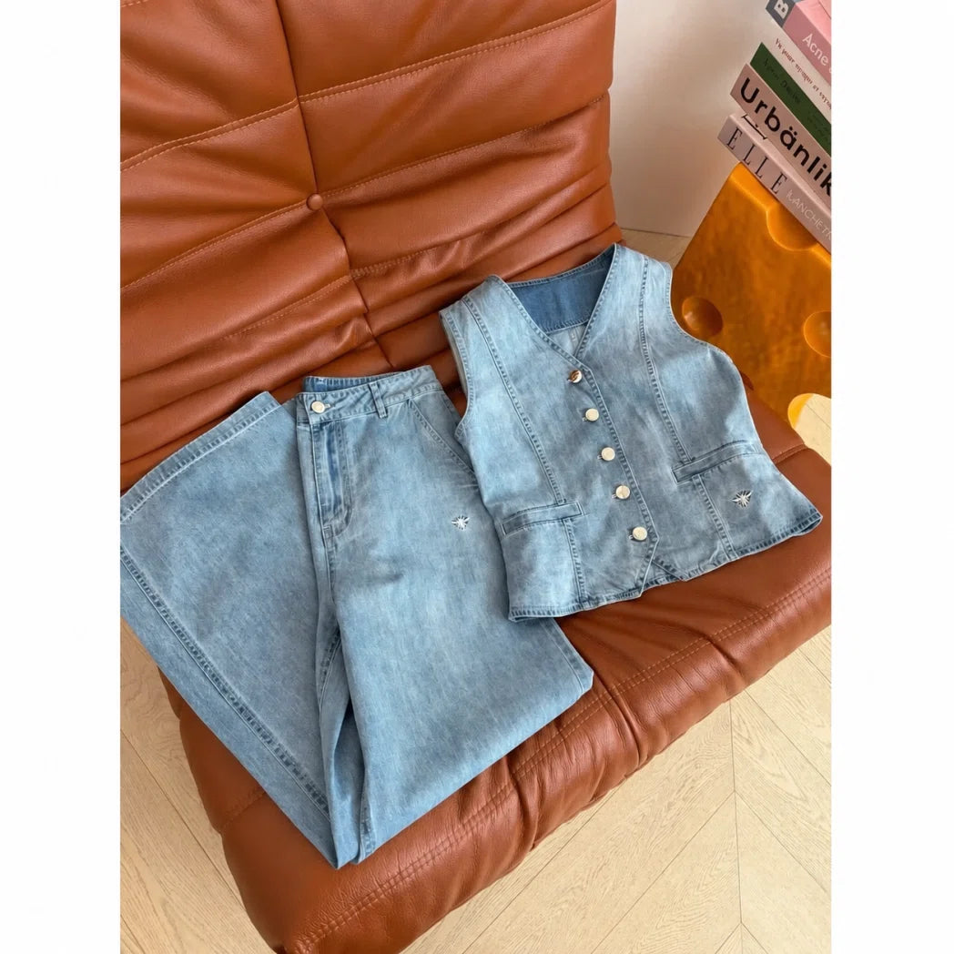 Bee-Embroidered Denim Vest and Wide-Leg Pants Set — Light Blue Denim