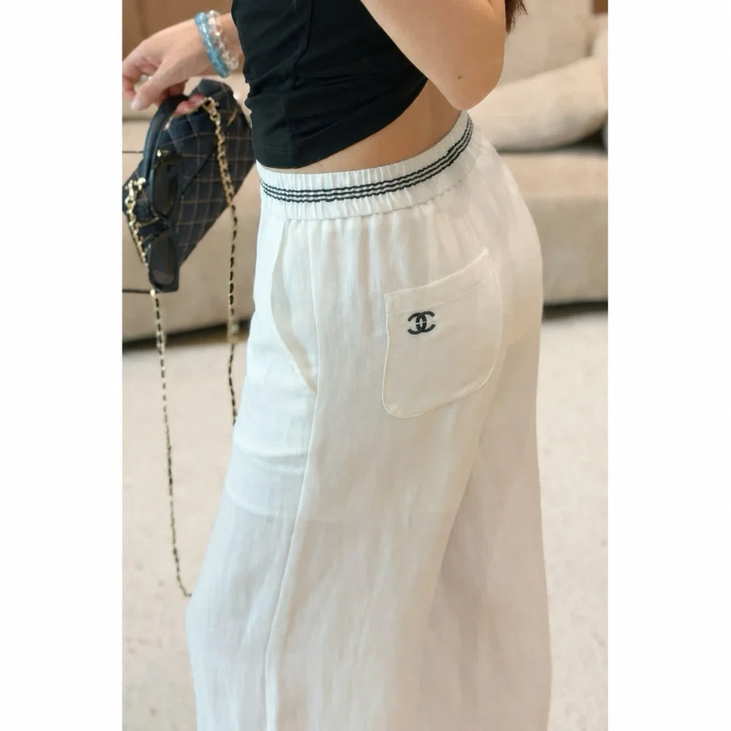 Chanel CC Logo Wide-Leg Trousers — Ivory