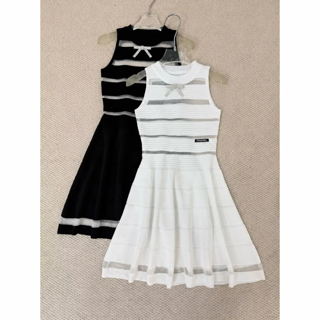 Chanel Contrast-Stripe Sleeveless Knit Midi Dress — Black with Ivory Stripes, Ivory with Gray Stripes