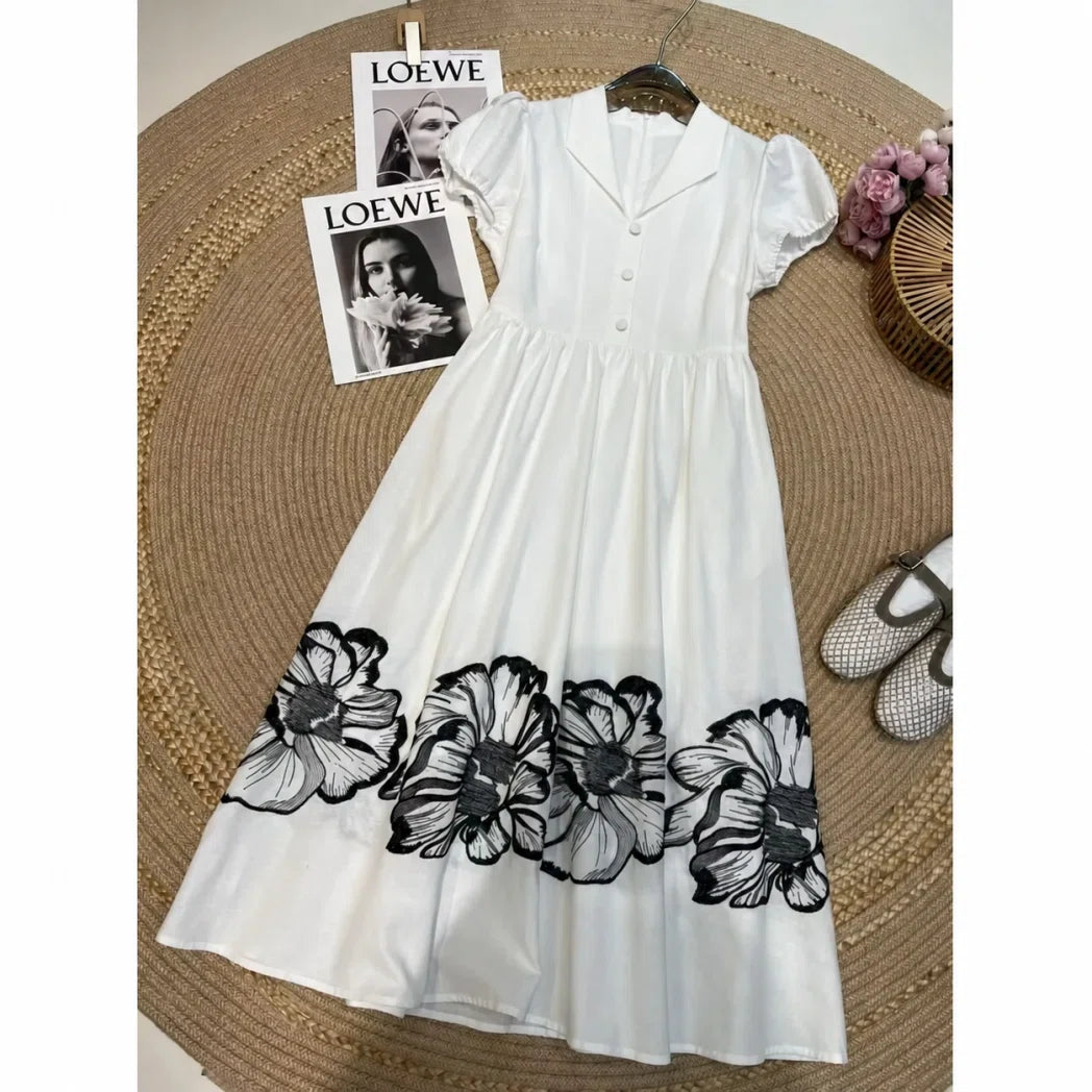 Fit-and-Flare Midi Dress with Black Floral Border — Ivory / Black