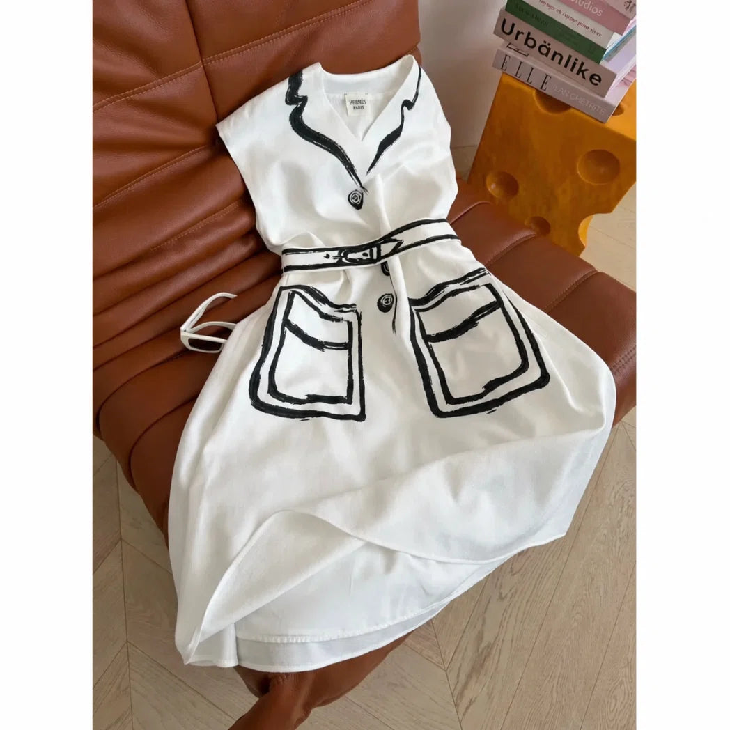 Hermès Contrast-Piping Sleeveless Midi Dress — Ivory / Black