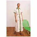 Embroidered Shirt Dress with Contrast Trim — Ivory / Green