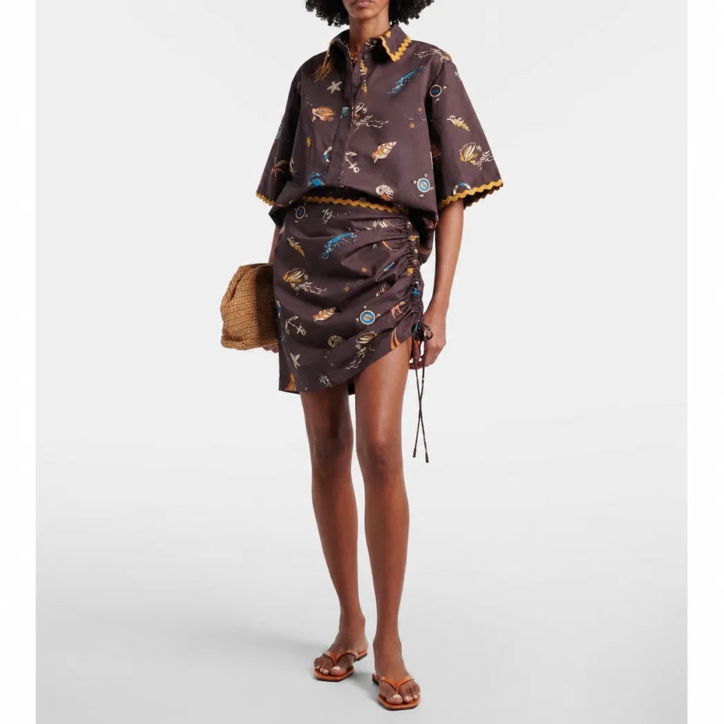 Printed Belted Mini Shirt Dress — Dark Brown / Multicolor