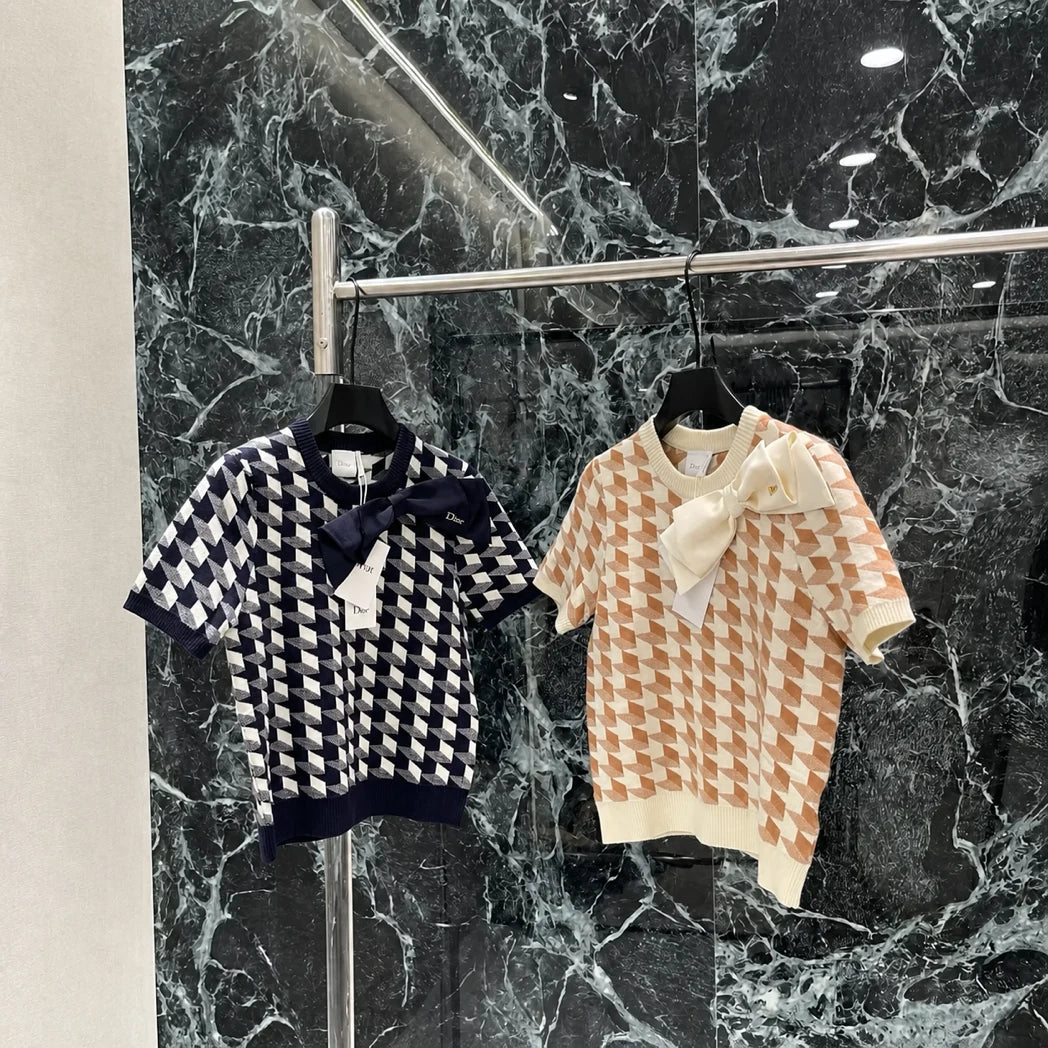 Dior Houndstooth Bow-Collar Knit Top — Navy / Ivory, Orange / Ivory