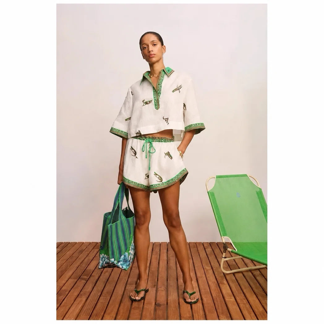 Printed Shirt and Shorts Set with Contrast Trim — Ivory / Green