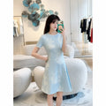 Mini Dress with White Floral Embroidery — Powder Blue