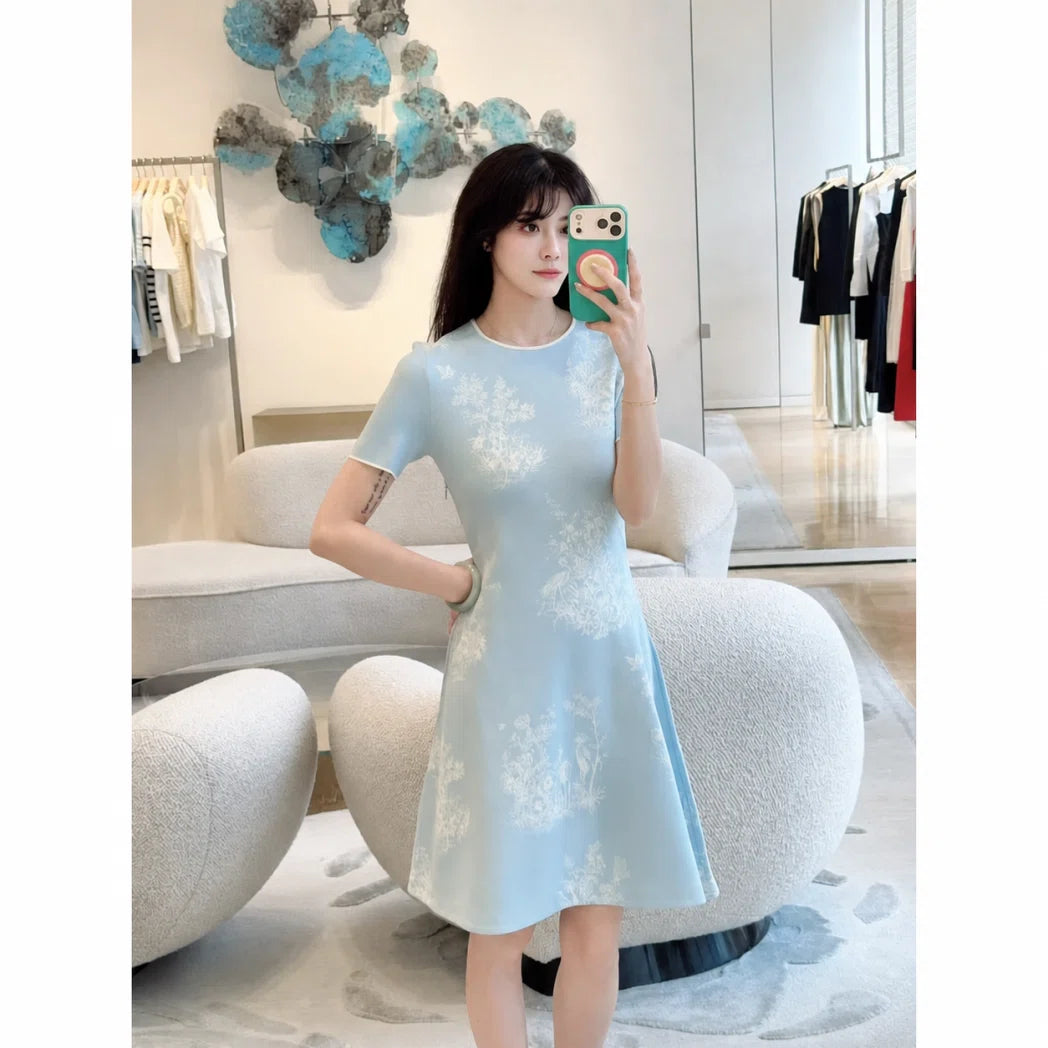 Mini Dress with White Floral Embroidery — Powder Blue