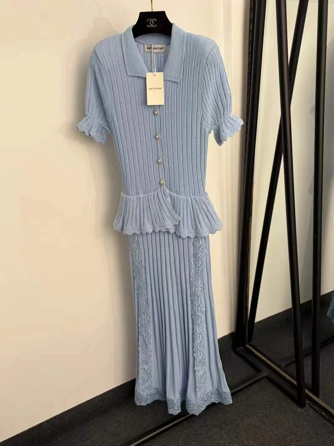 Pointelle Peplum Knit Midi Dress