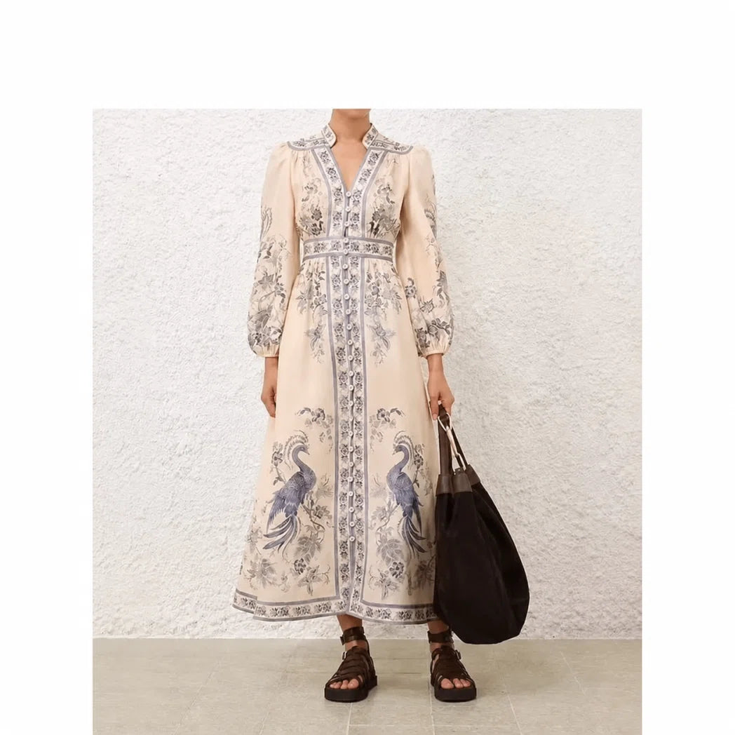 Zimmermann Long-Sleeve Floral Maxi Dress — Ivory / Pastel Multicolor
