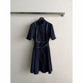 Belted Midi Shirt Dress with Contrast Stitching — Navy / White