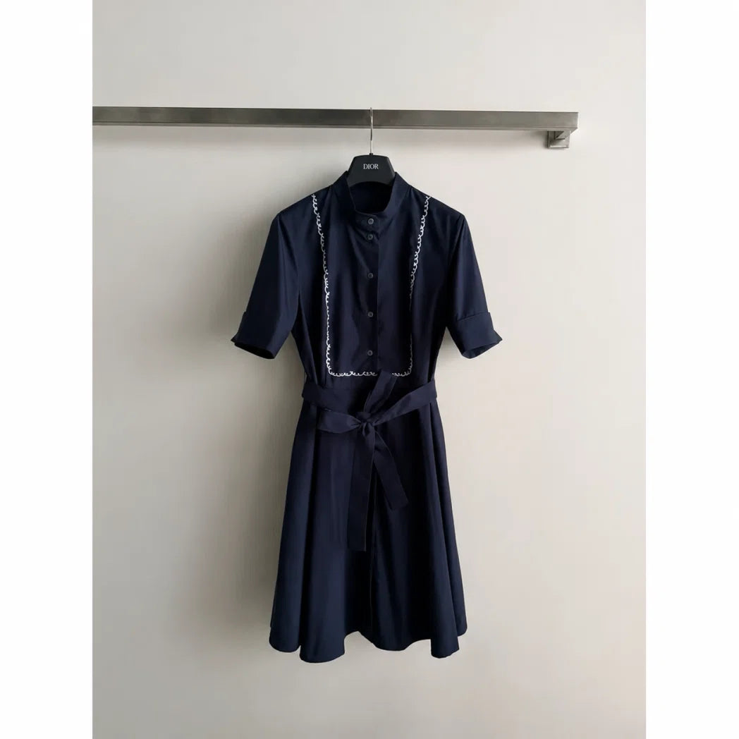 Belted Midi Shirt Dress with Contrast Stitching — Navy / White