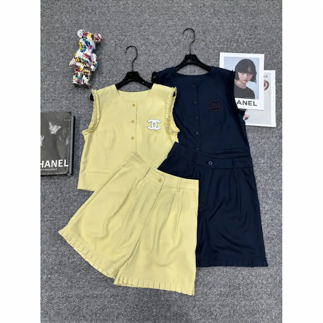 Chanel Sleeveless CC Logo Top and Shorts Set — Navy, Yellow