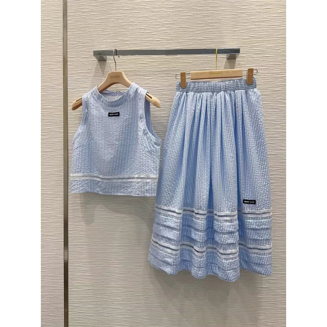 Miu Miu Knit Top and Pleated Midi Skirt Set — Powder Blue