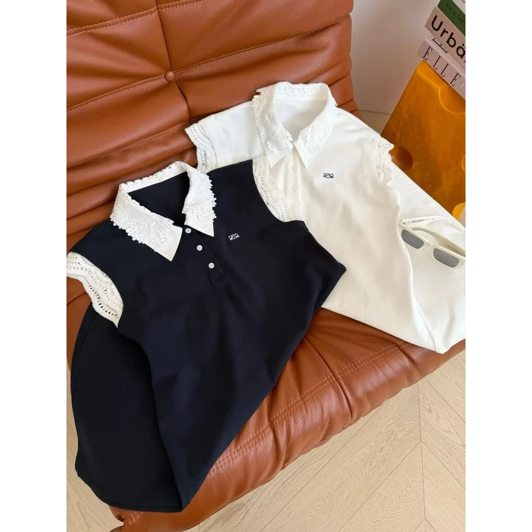 Loewe Anagram Lace-Collar Knit Polo Top — Black with Ivory Collar, Ivory with Black Collar