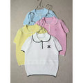 Chanel CC Logo Contrast-Piping Knit Polo Top — Ivory, Pink, Powder Blue, Yellow