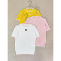 Chanel CC Logo Openwork Knit Crewneck Top — Ivory with Pink Trim, Pink with Ivory Trim, Yellow with Ivory Trim