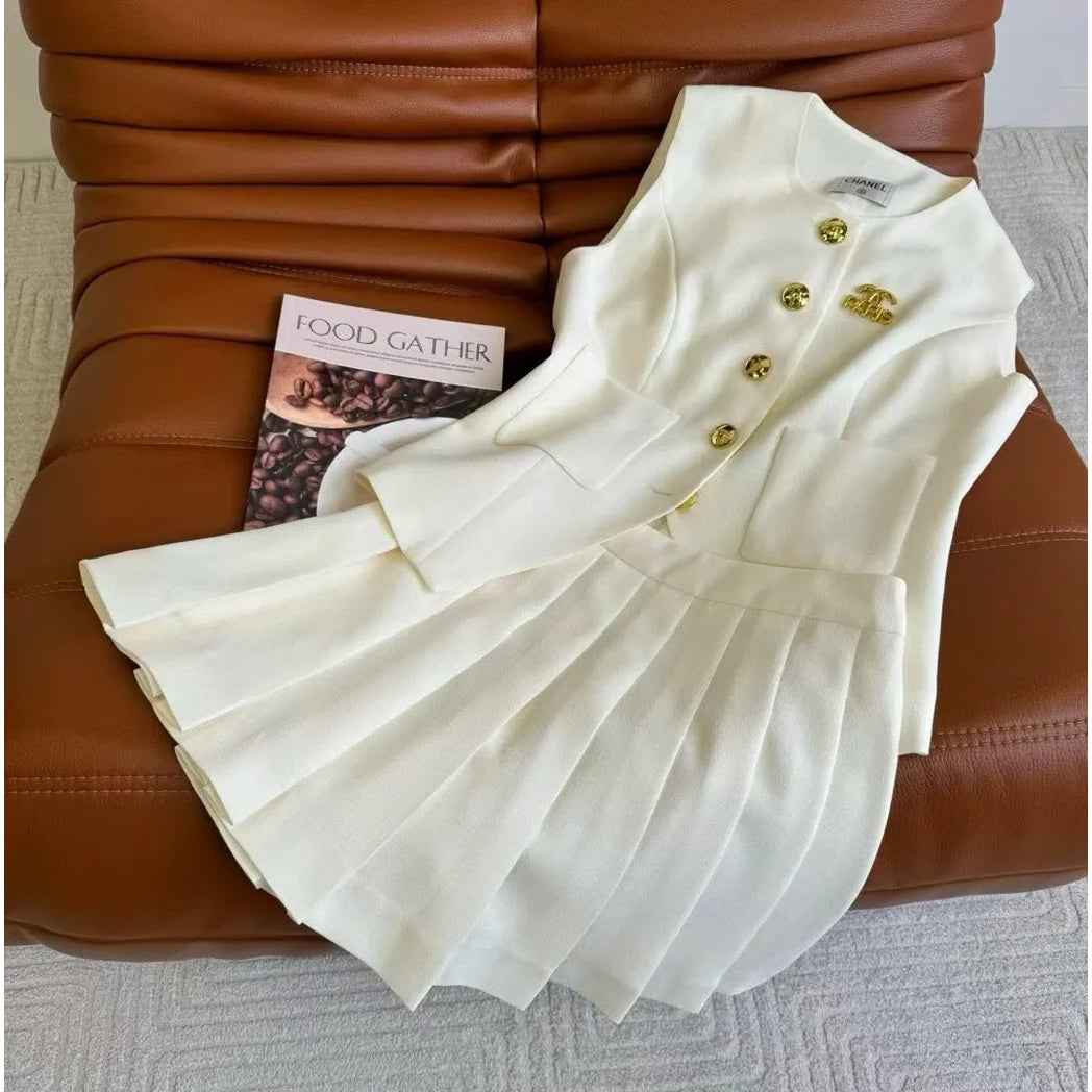 Chanel Gold-Button Sleeveless Pleated Mini Dress — Ivory