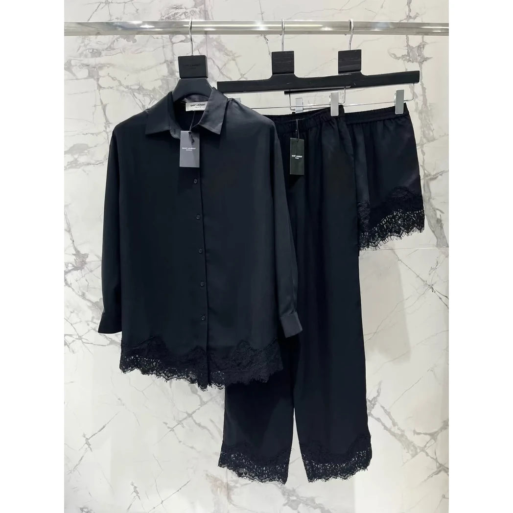 Saint Laurent Lace-Trim Blouse and Cropped Pants Set — Black