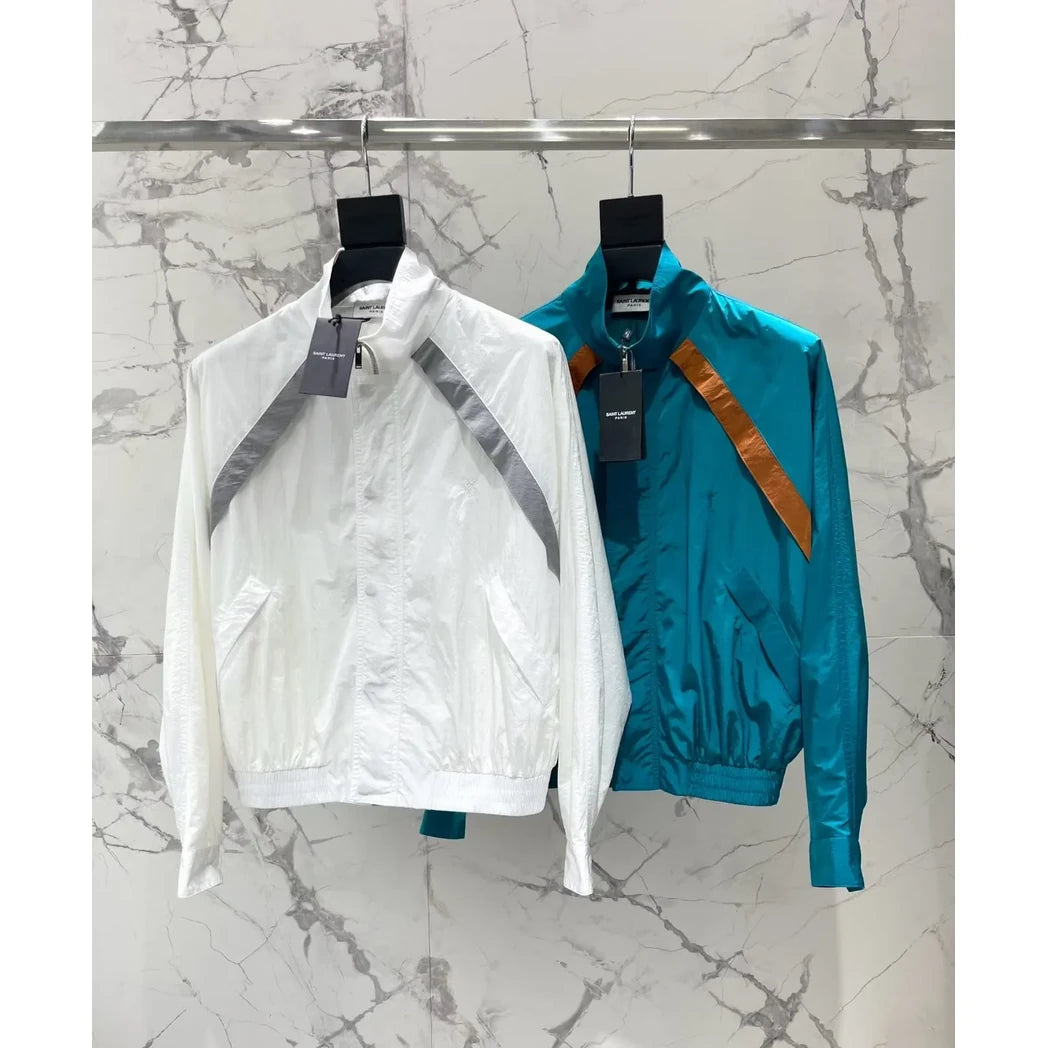 Saint Laurent Contrast-Stripe Track Jacket — Ivory with Gray Stripe, Teal with Brown Stripe