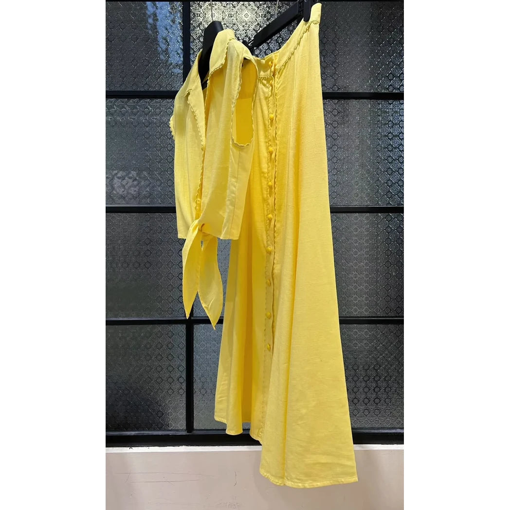 Tie-Front Shirt and Wide-Leg Pants Set — Yellow
