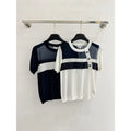 Chanel Contrast-Panel Knit Polo Top — Ivory with Navy Panel, Navy with Ivory Panel