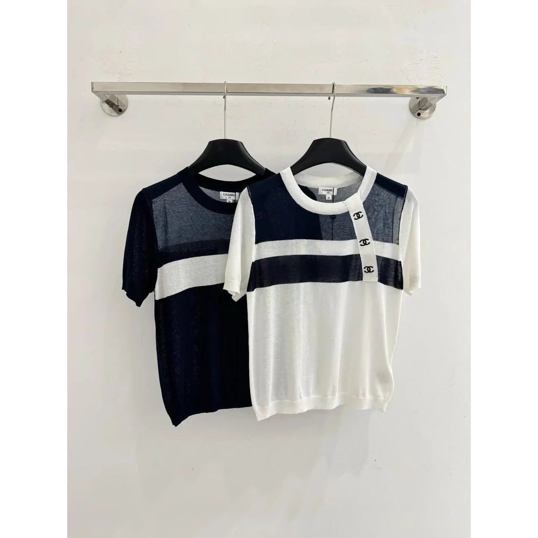Chanel Contrast-Panel Knit Polo Top — Ivory with Navy Panel, Navy with Ivory Panel