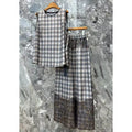 Plaid Sleeveless Top and Wide-Leg Pants Set with Lace Trim — Gray Plaid