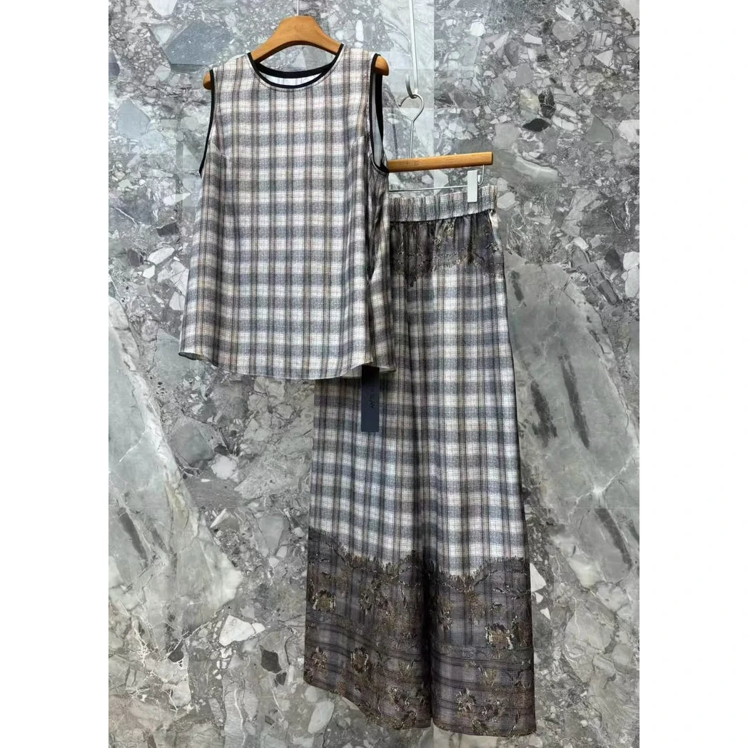 Plaid Sleeveless Top and Wide-Leg Pants Set with Lace Trim — Gray Plaid