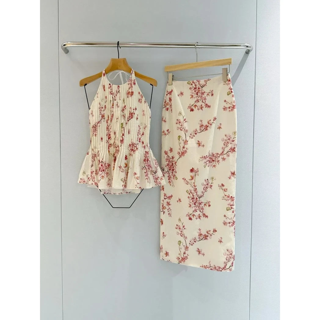 Floral Halter Top and Midi Skirt Set — Ivory / Red