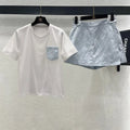 Quilted Mini Skirt and Pocket T-Shirt Set — Ivory / Silver