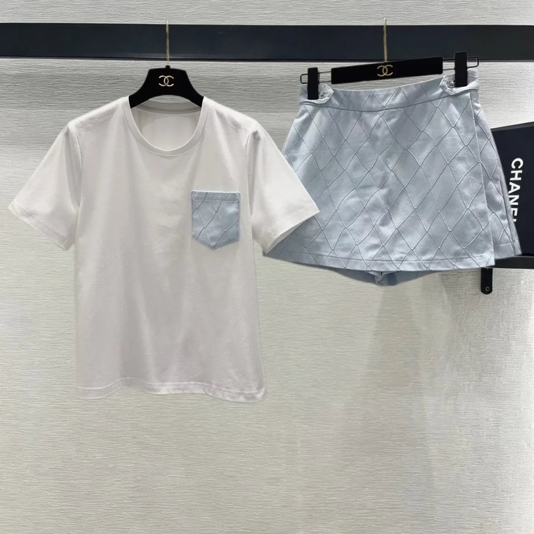 Quilted Mini Skirt and Pocket T-Shirt Set — Ivory / Silver