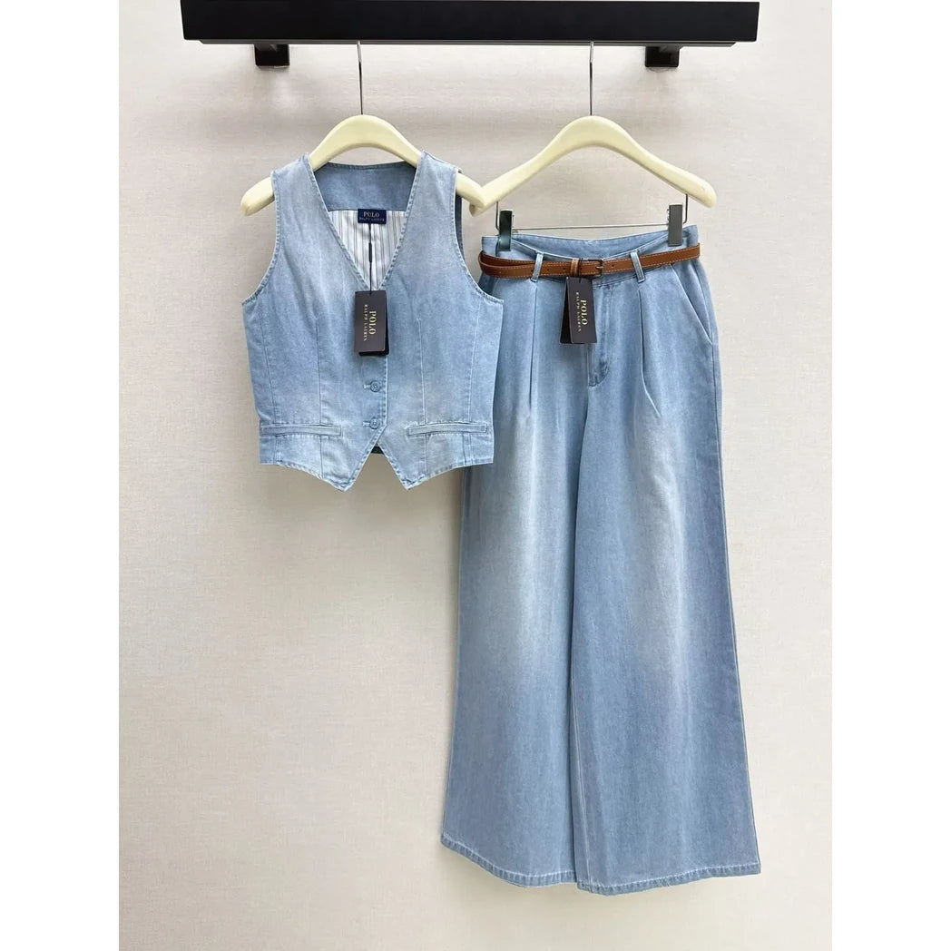 Polo Ralph Lauren Denim Vest and Wide-Leg Pants Set — Light Blue Denim