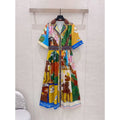 Multicolor Patchwork-Print Belted Midi Dress — Multicolor