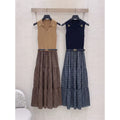 Louis Vuitton Sleeveless Polo Top and Plaid Tiered Maxi Skirt Set — Navy / Blue Plaid, Tan / Brown Plaid