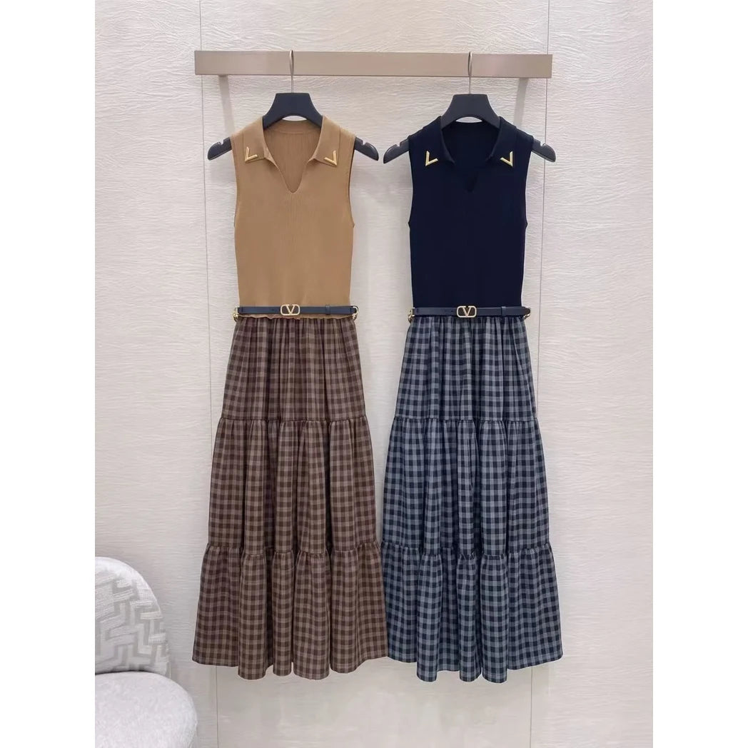 Louis Vuitton Sleeveless Polo Top and Plaid Tiered Maxi Skirt Set — Navy / Blue Plaid, Tan / Brown Plaid