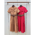 Belted Button-Front Midi Shirt Dress — Red, Tan