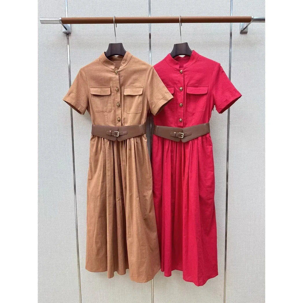 Belted Button-Front Midi Shirt Dress — Red, Tan